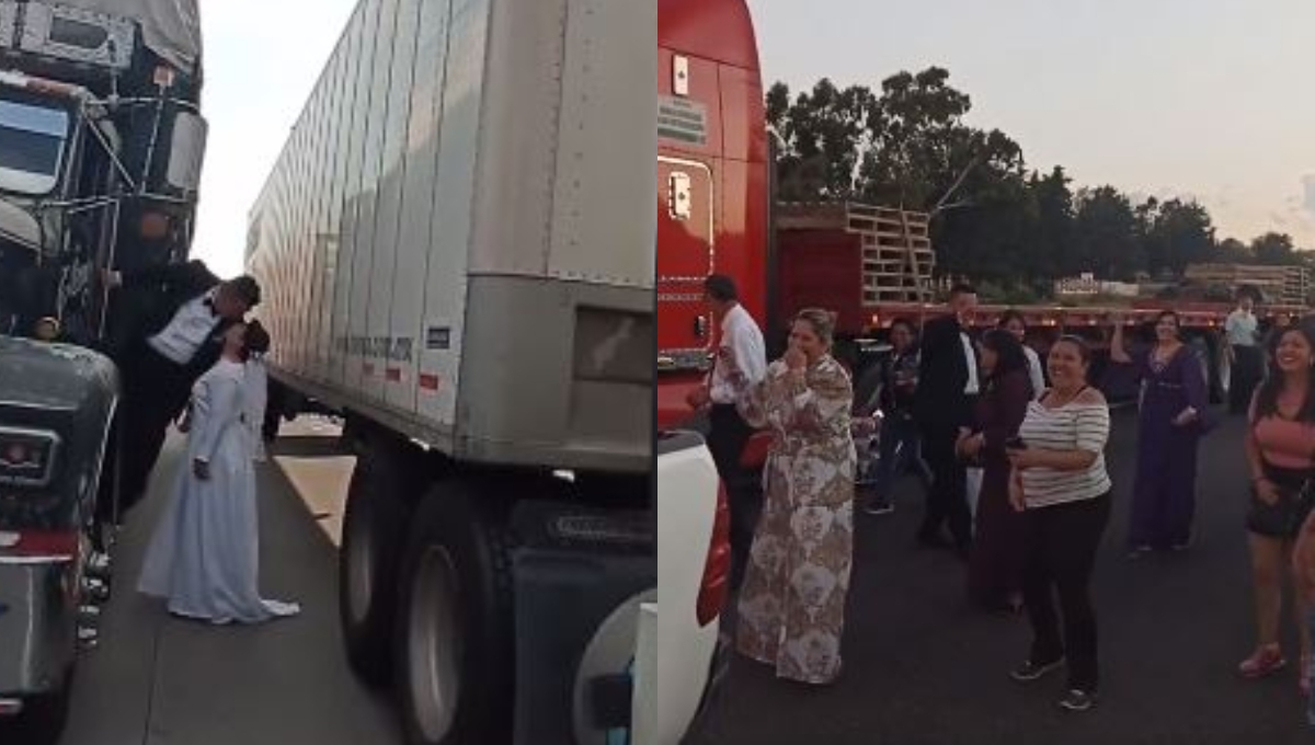 Novios festejan su boda durante el bloqueo de la México-Puebla, ¡Hasta con payaso de rodeo!