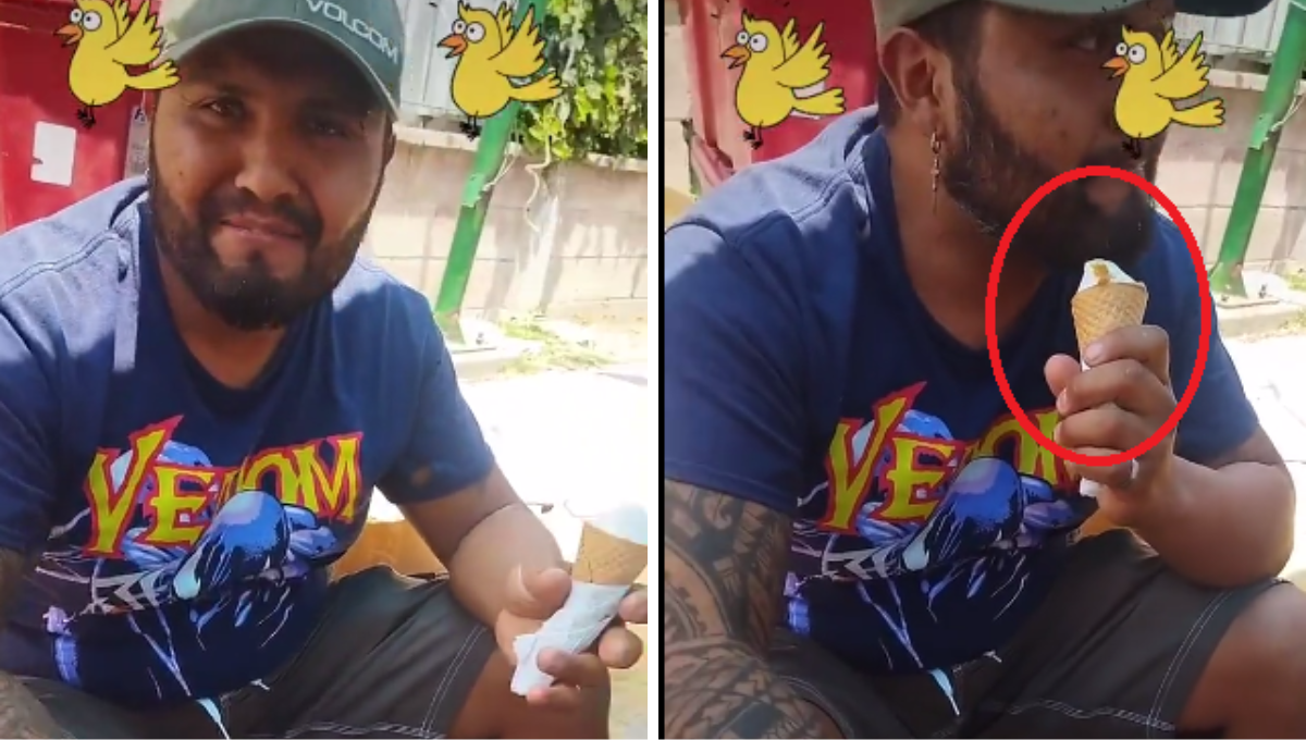 Hombre come helado 'con premio'; le cayó popó de pájaro: VIDEO