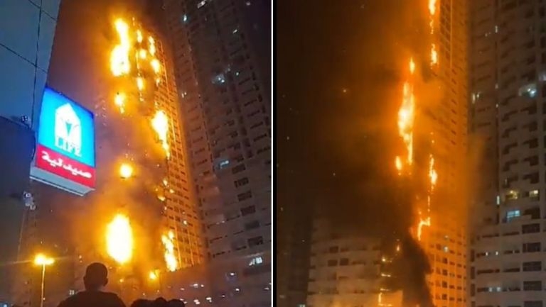 Reportan fuerte incendio en un edificio de Ajman, en los Emiratos Árabes Unidos: VIDEO