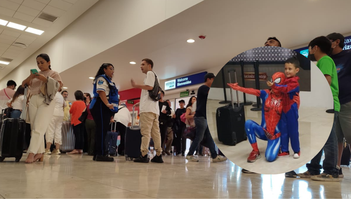 Spiderman sorprende a un niño a su llegada al aeropuerto de Mérida