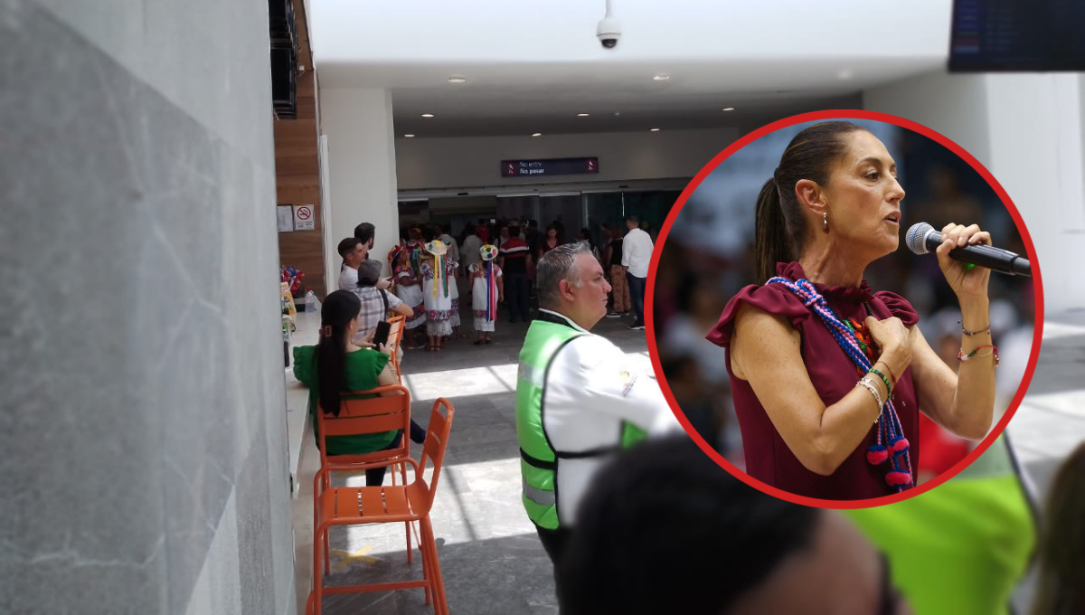 Cien personas esperan a Claudia Sheinbaum en la terminal cuatro del Aeropuerto Internacional de Cancún