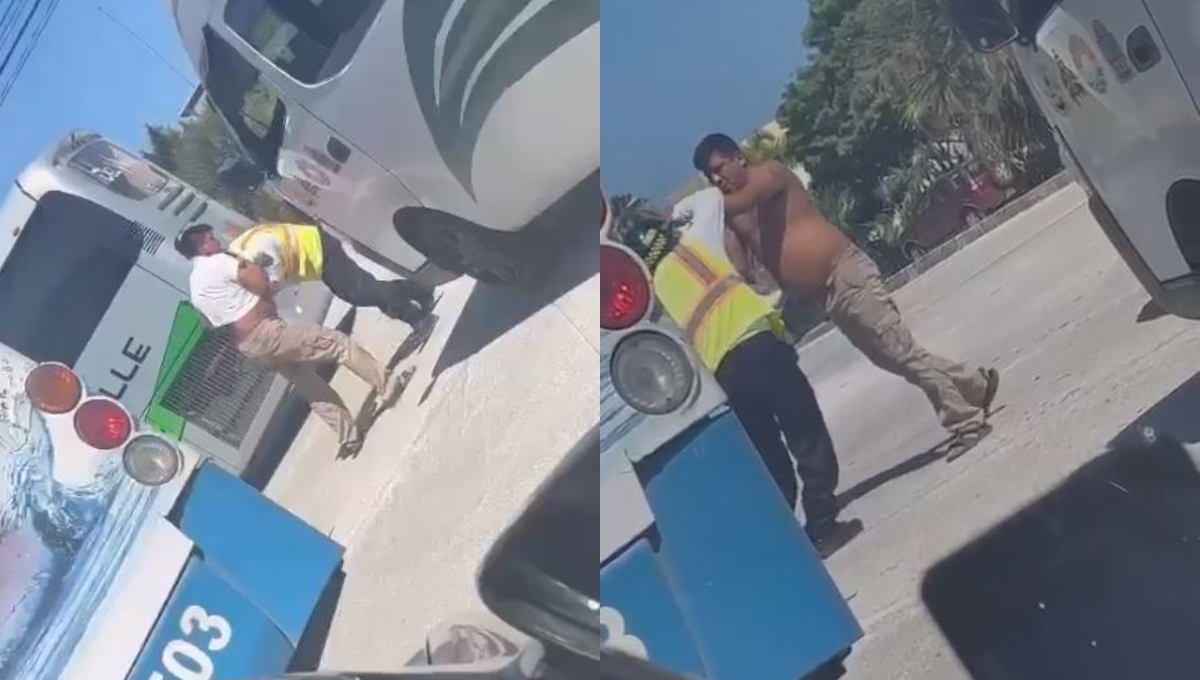 Conductor de transporte público y policía se enfrentan a golpes en Cancún: VIDEO