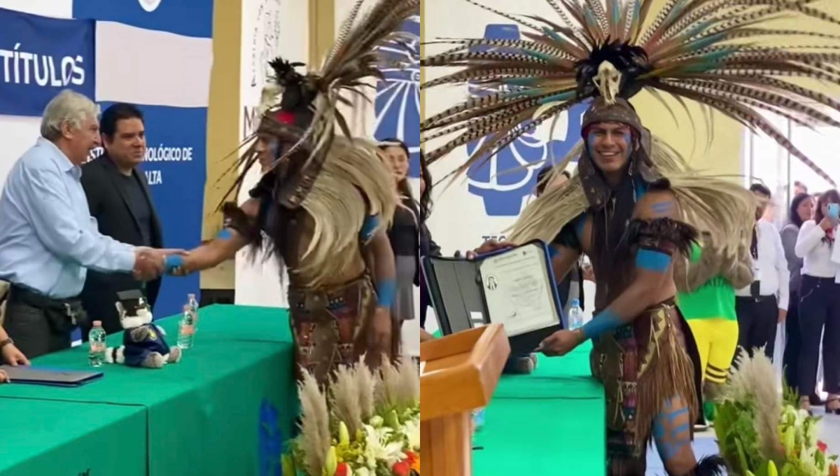 Vestido de guerrero azteca, joven se gradúa del Tecnológico Nacional de México: VIDEO