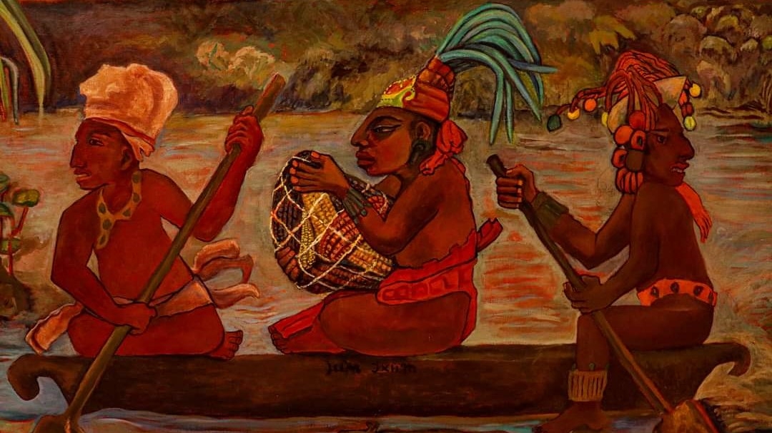 La obra expresa un ambiente luminoso, alegre, y festivo del pueblo maya