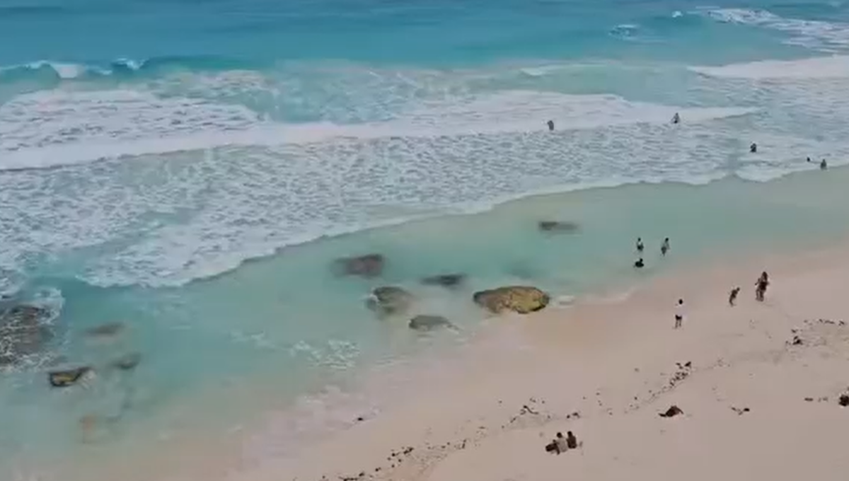 Una de las playas de Cancún se logró captar lo que parece ser un tiburón nadando en la orilla