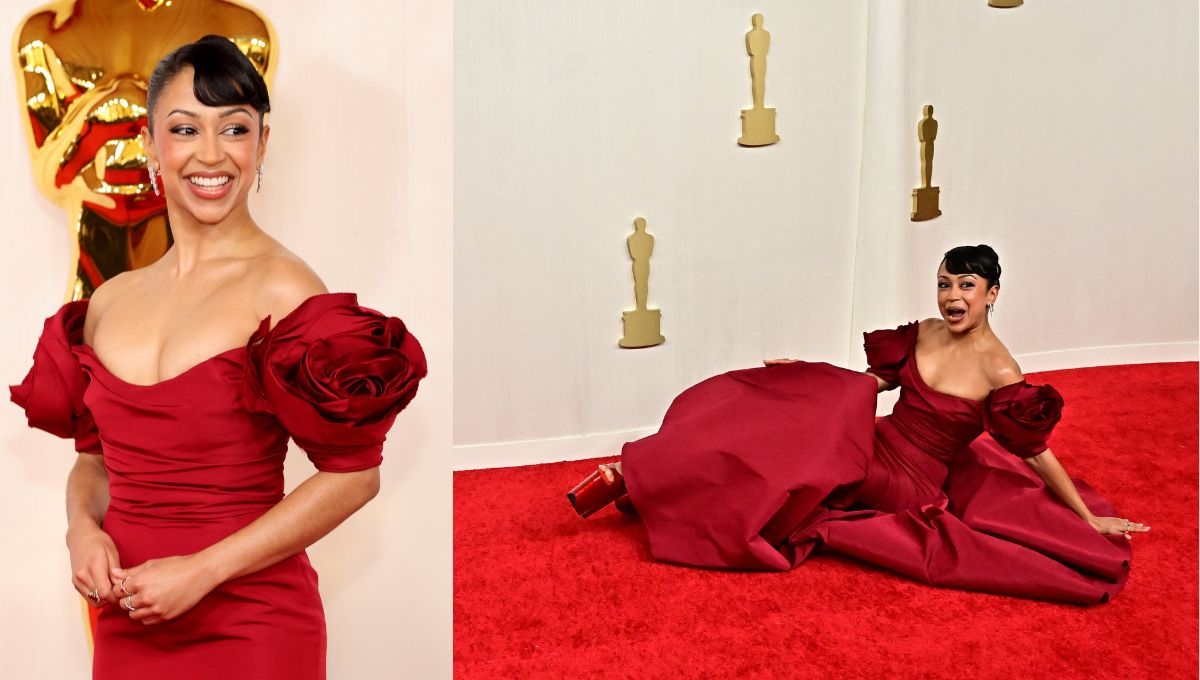A lo JLO, Liza Koshy sufre 'resbalón' en la alfombra roja de los Premios Oscar 2024: VIDEO