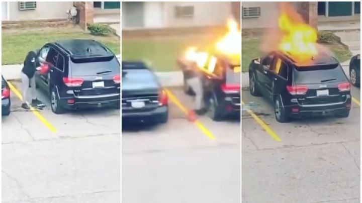 Mujer incendia auto de su ex por infidelidad y le explota en la cara (VIDEO)