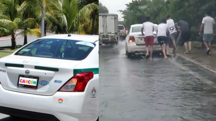 Turistas extranjeros empujan taxi varado en la Zona Hotelera de Cancún: VIDEO
