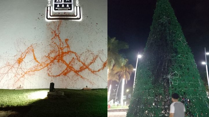 Vandalizan fachada e incendian árbol navideño del Congreso de Quintana Roo