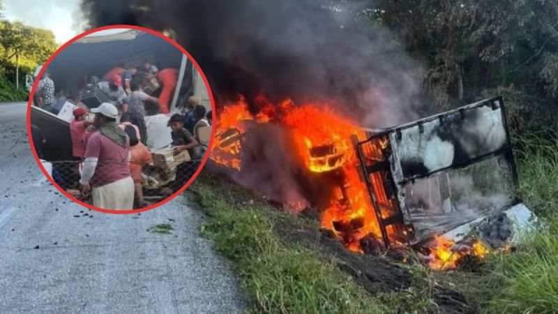 Rapiñan tráiler en llamas en carretera Sabancuy-Champotón