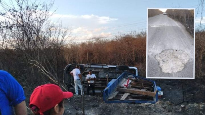 Baches causan volcadura de un automovilista en el Sur de Quintana Roo