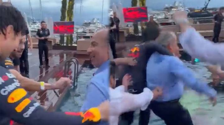 'Checo' Pérez y Felipe Calderón se tiran un clavado para celebrar la victoria en Mónaco: VIDEO