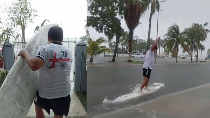 Vecino de Chetumal 'surfea' en el Boulevard Bahía de Chetumal tras inundaciones: VIDEO