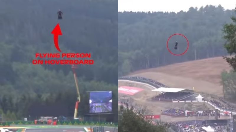 ¡Hoverboard vs coches de carreras! Hombre 'vuela' sobre los monoplaza durante el GP de Bélgica: VIDEO