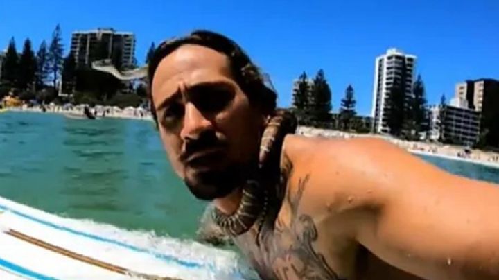 Hombre surfea con un pitón en el cuello en las playas de Australia